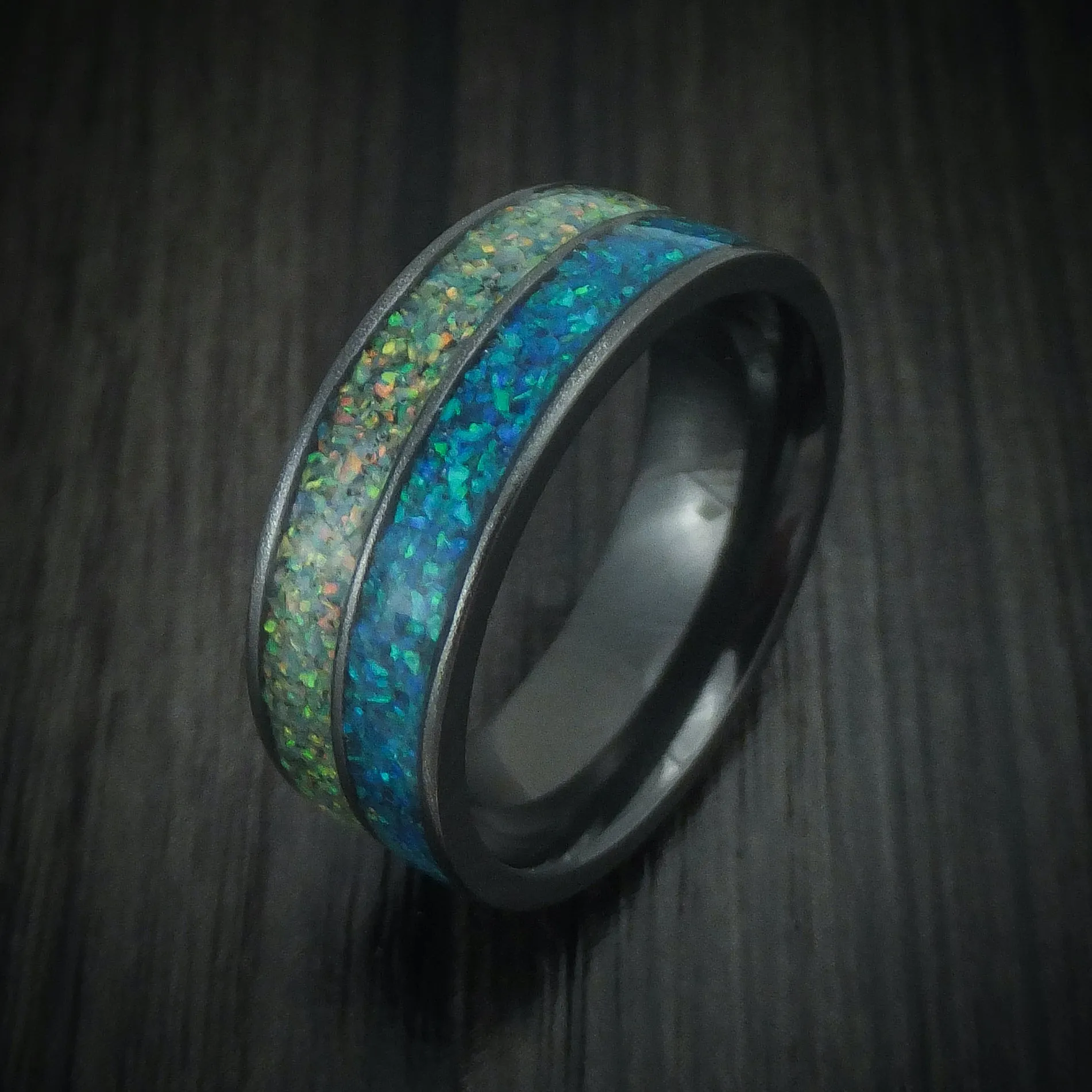 Black Zirconium And Opal Men's Ring Custom Made Band