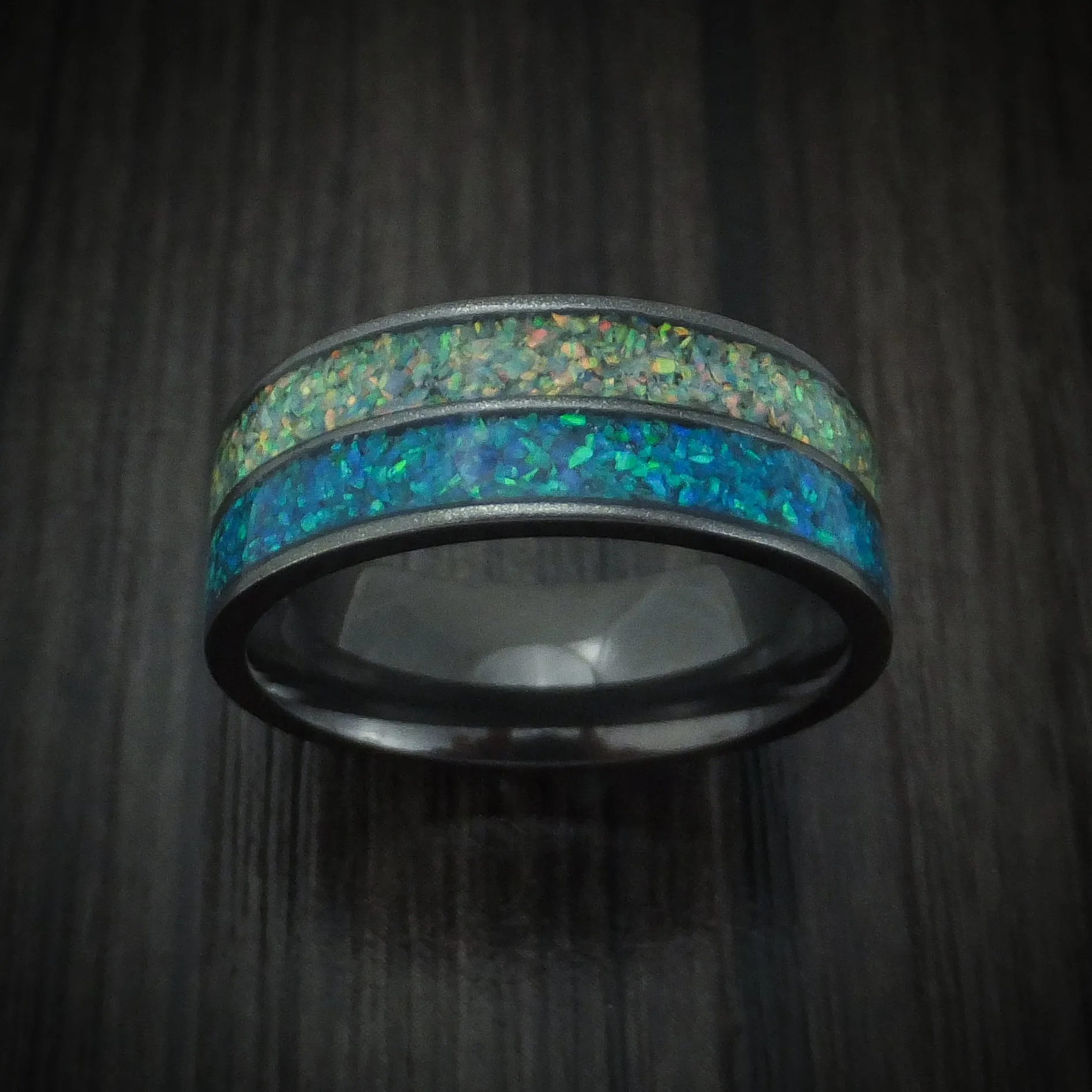 Black Zirconium And Opal Men's Ring Custom Made Band