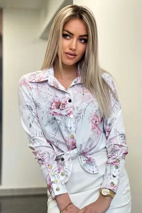 Camicia elegante bianca a fantasia floreale rosa con bottoni dorati