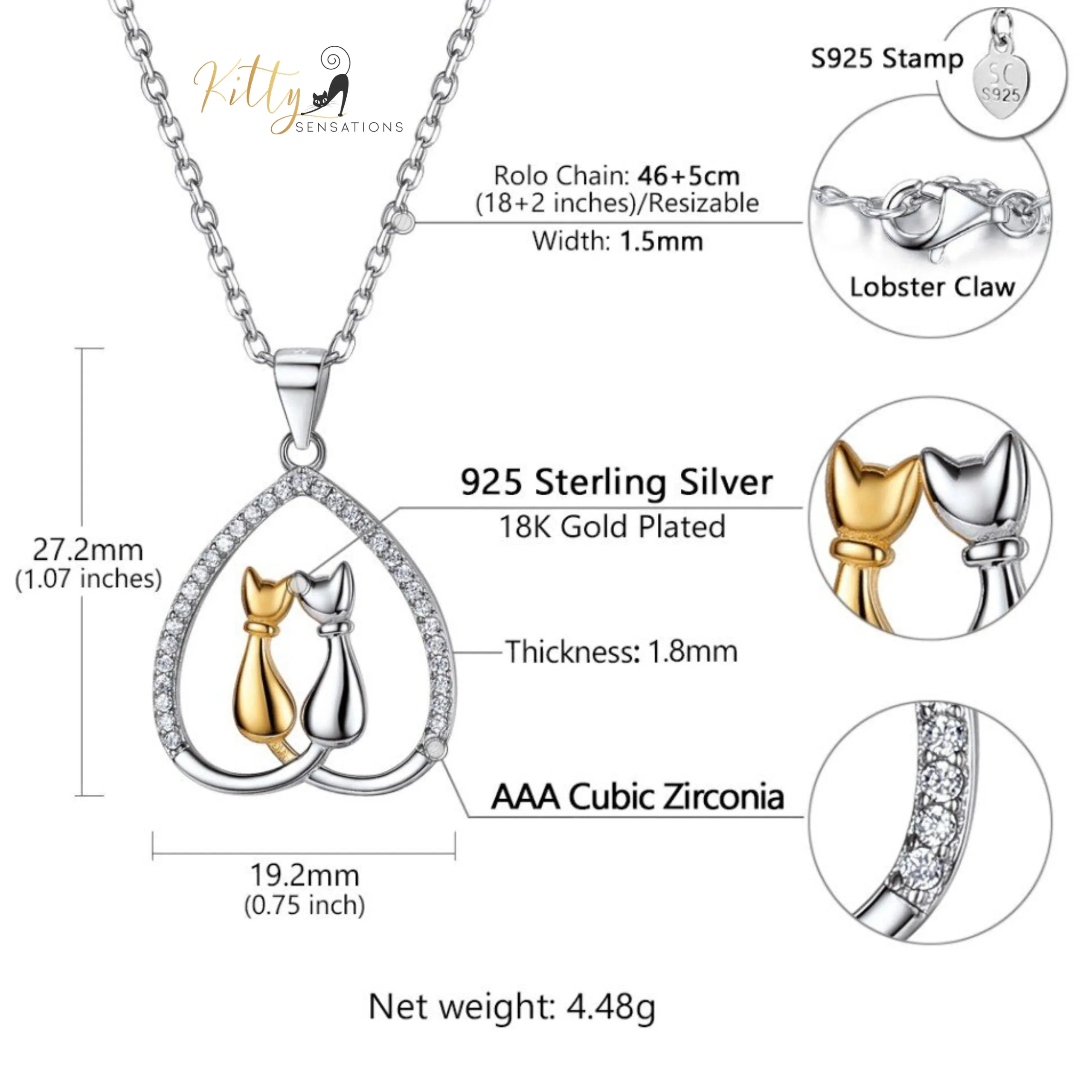 Cat Couple Heart Necklace in Solid 925 Sterling Silver (18K Gold Plated)