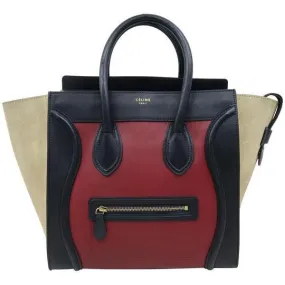 Celine Luggage Smooth Suede Mini Burgundy Rust Tricolor Calfskin Leather Tote