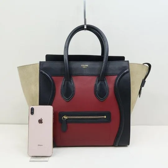 Celine Luggage Smooth Suede Mini Burgundy Rust Tricolor Calfskin Leather Tote