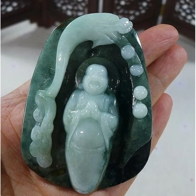 Cert'd Natural Type A Jadeite Jade Dragon Buddha Big Pendant