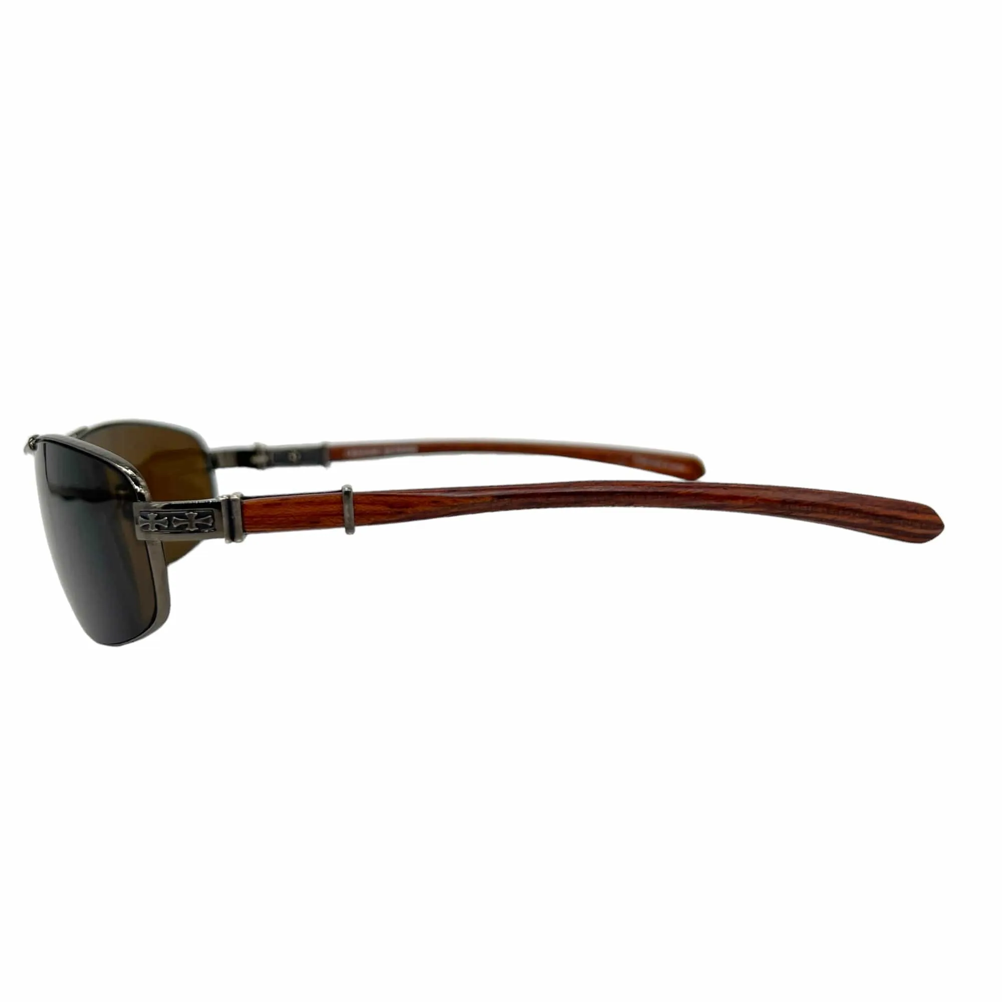 CHROME HEARTS Authentic Unisex Wrap Frame Sunglasses with Wooden Temples