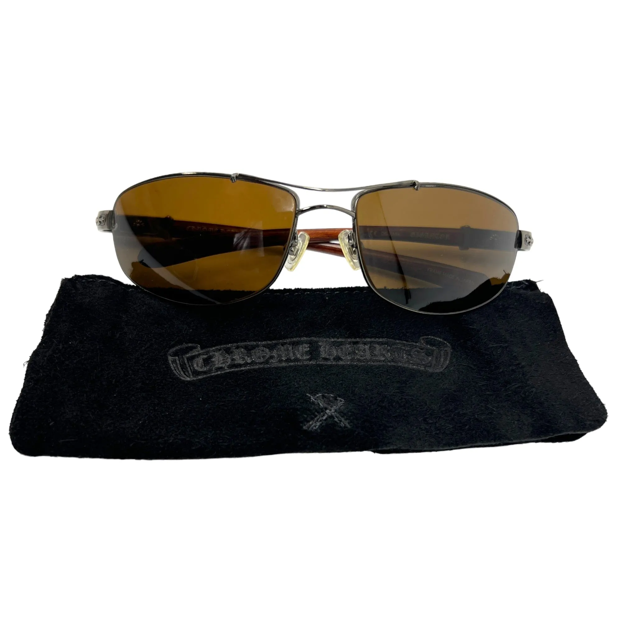 CHROME HEARTS Authentic Unisex Wrap Frame Sunglasses with Wooden Temples