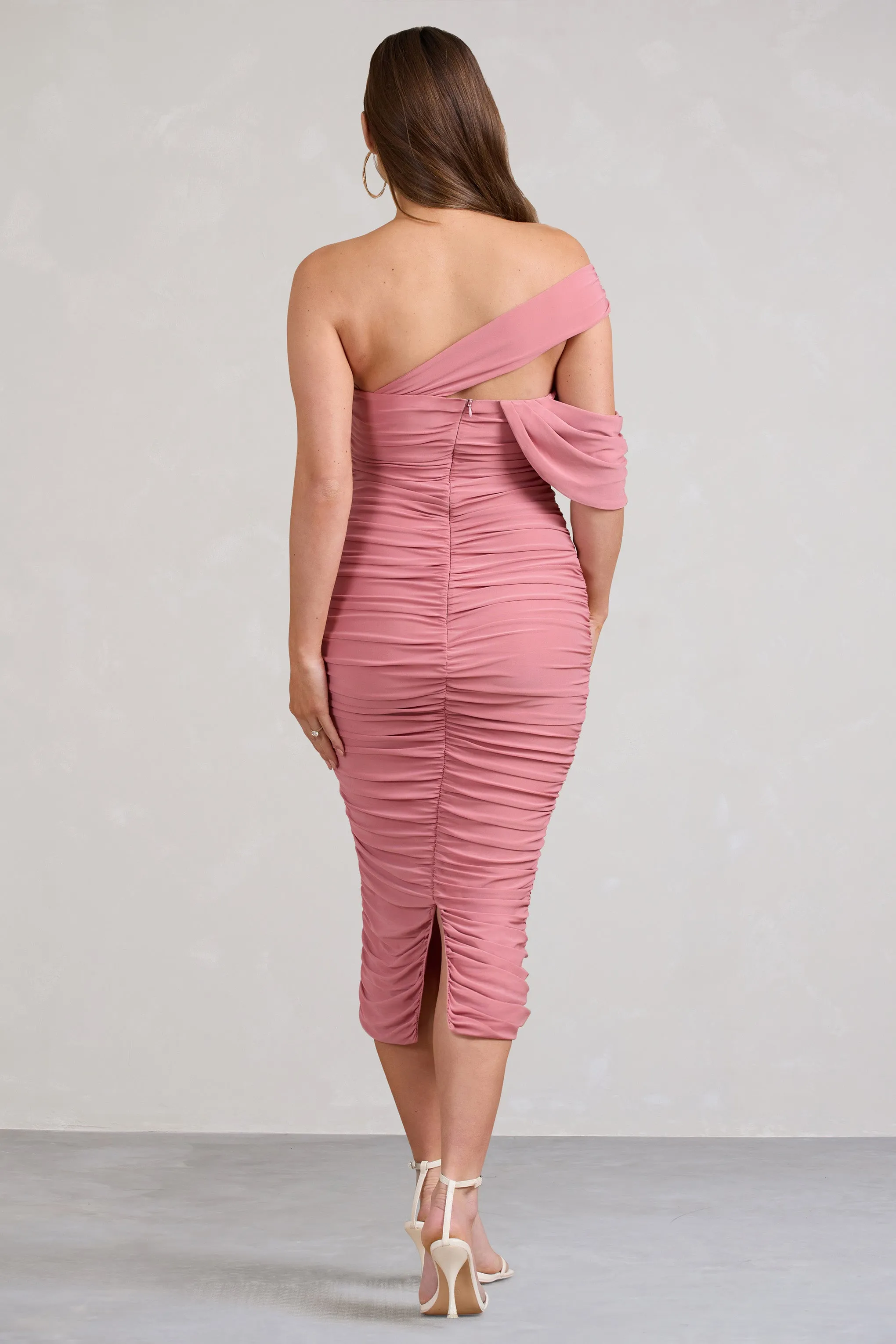 Cici | Blush Pink Asymmetric Ruched Maternity Midi Dress