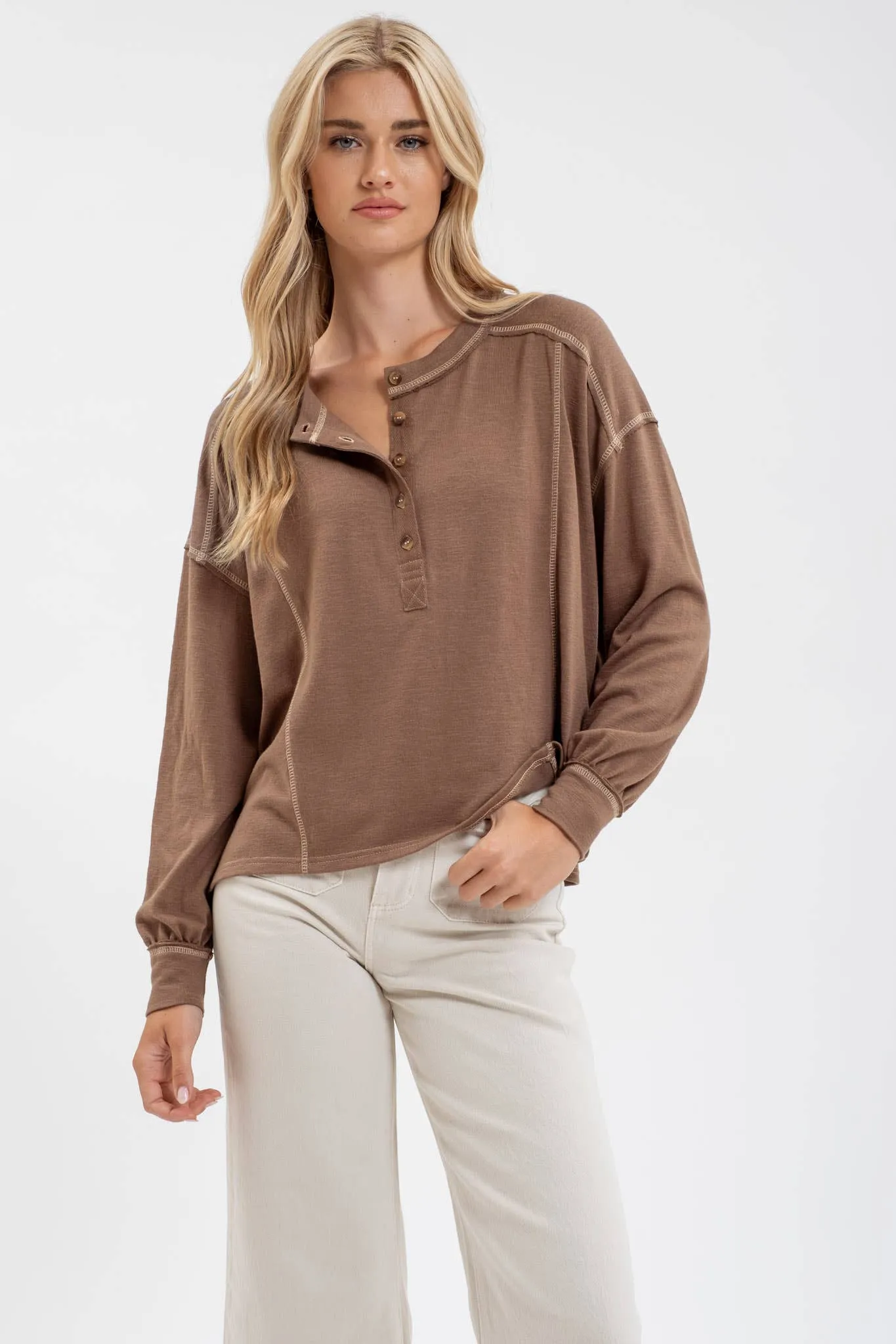 CONTRAST STITCH LONG SLEEVE HENLEY KNIT TOP