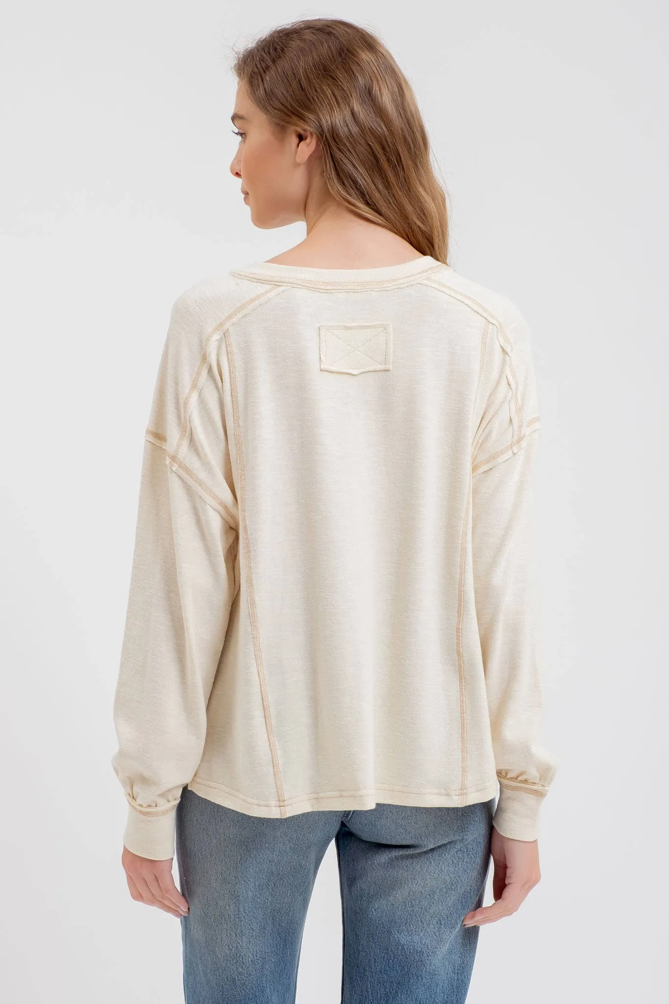 CONTRAST STITCH LONG SLEEVE HENLEY KNIT TOP