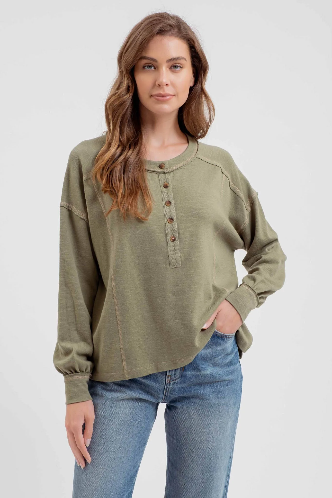 CONTRAST STITCH LONG SLEEVE HENLEY KNIT TOP