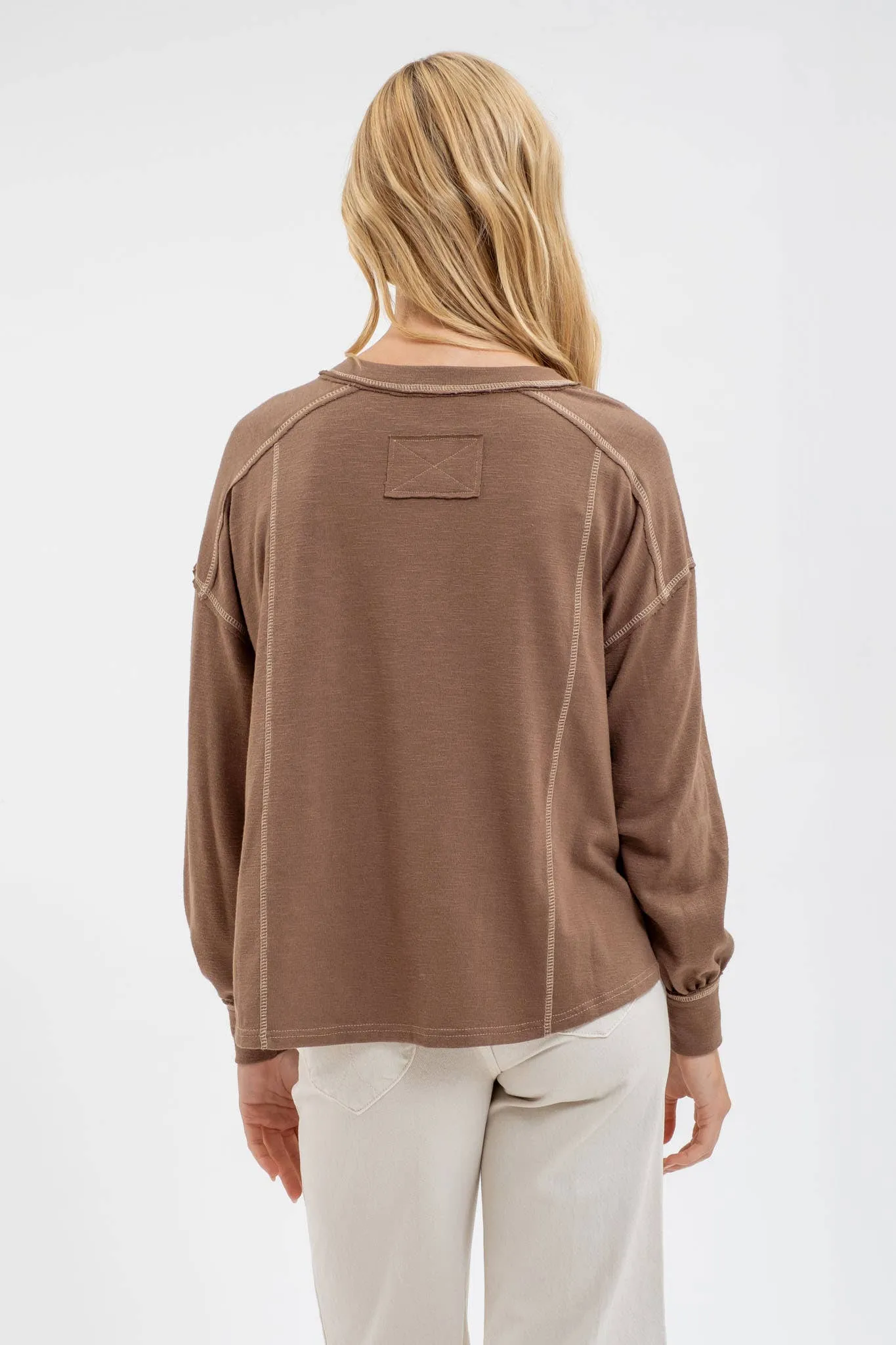 CONTRAST STITCH LONG SLEEVE HENLEY KNIT TOP