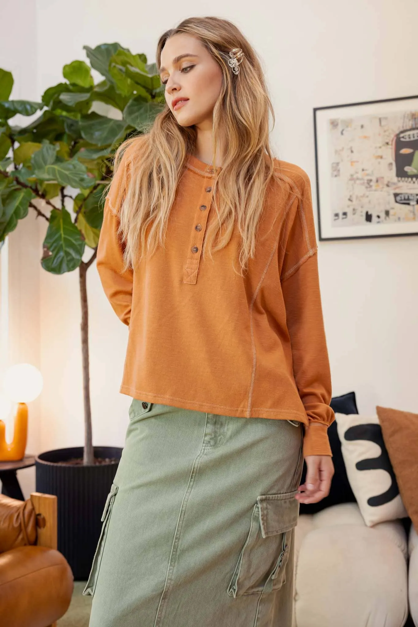 CONTRAST STITCH LONG SLEEVE HENLEY KNIT TOP