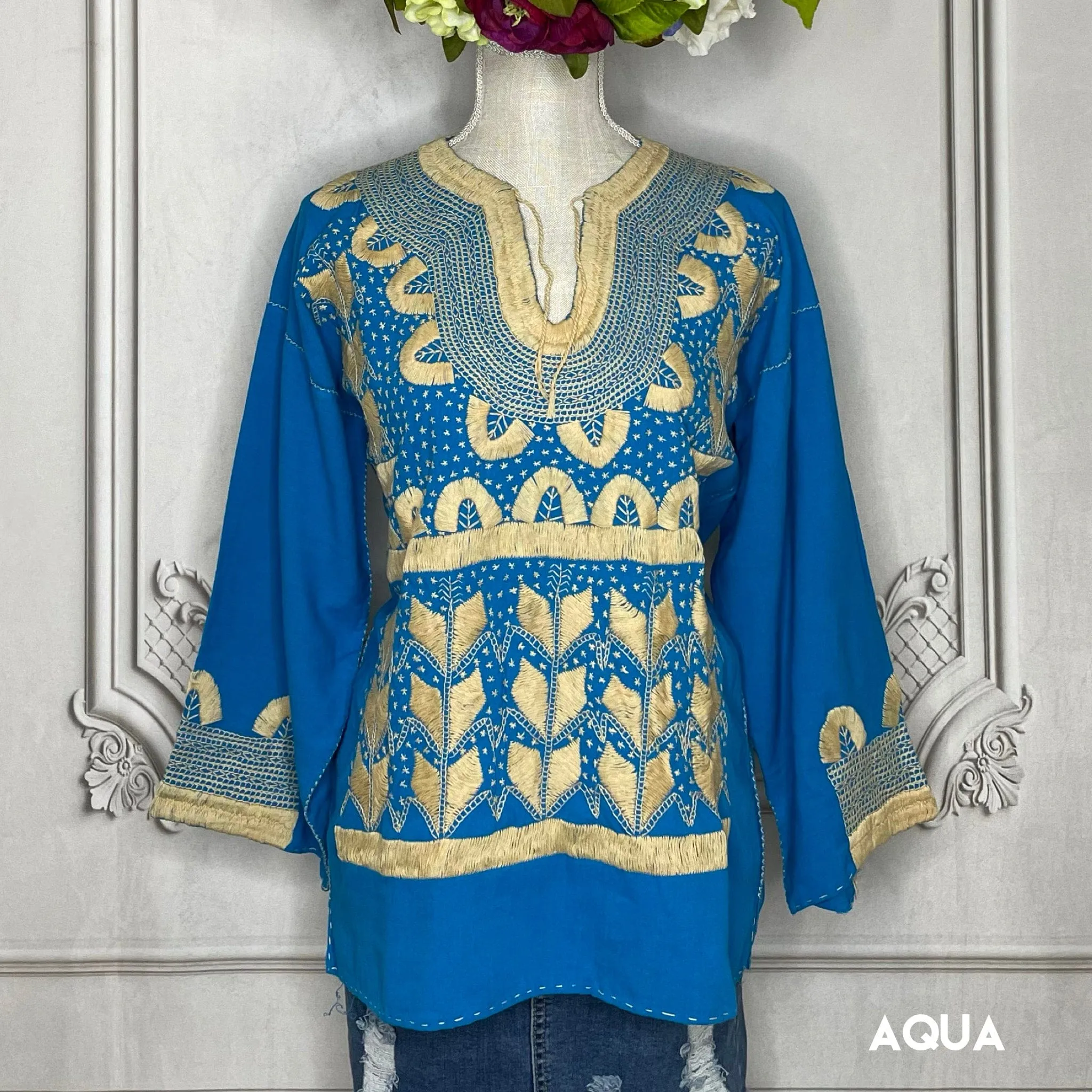 Corn Motif Mexican Blouse 3/4 Sleeve - Two Tone