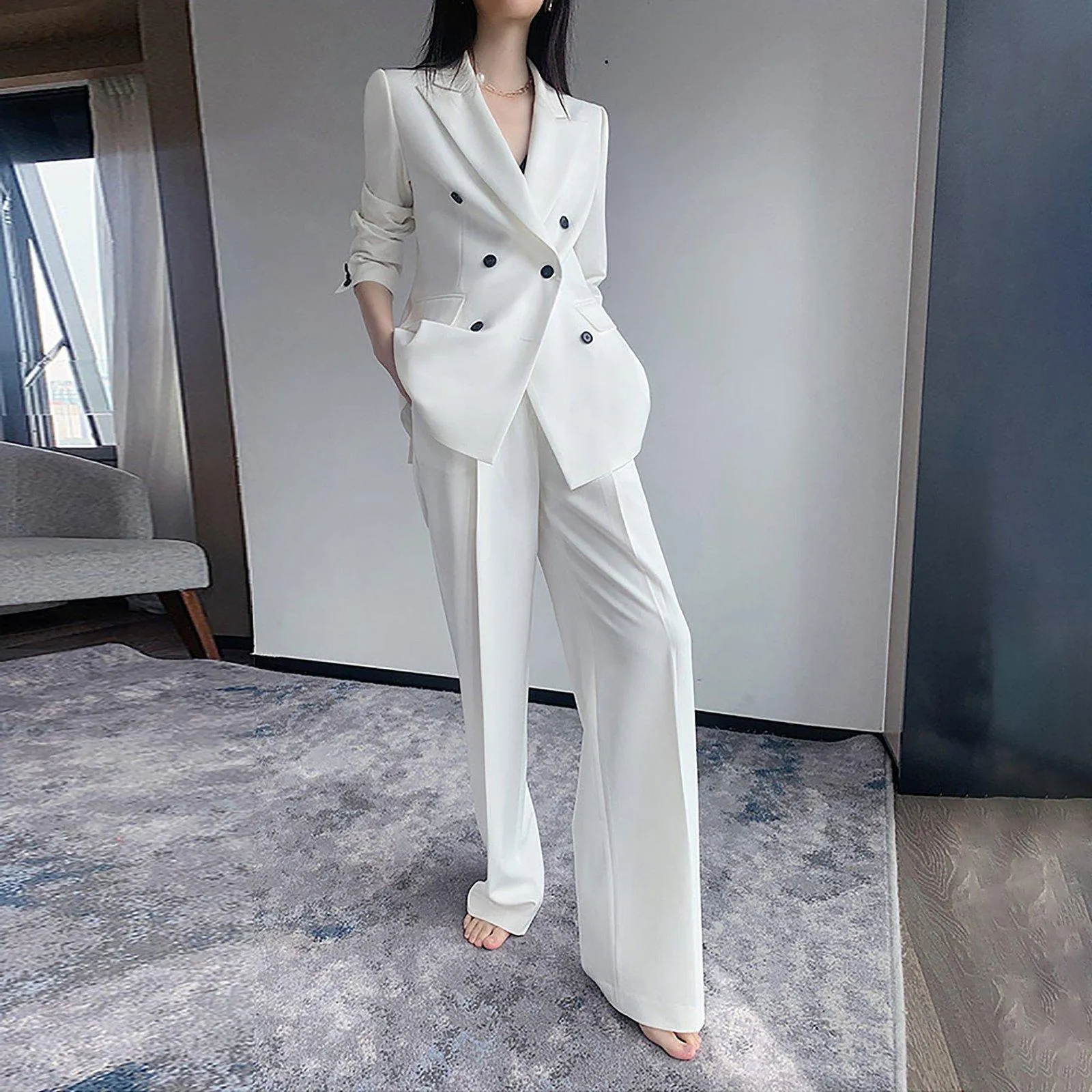 Double Berasted Blazer & Flare Pant Suit Set