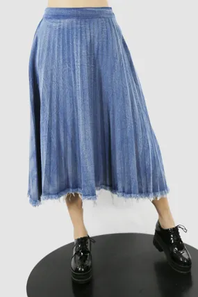 Elastic Waist Raw Hem Pleated Denim Midi Skirt