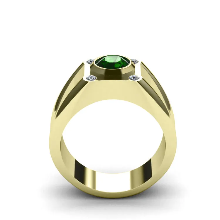 Emerald Engagement Men's Ring Solid 10K Gold with 0.12ct Real Diamonds Taurus Male Gift