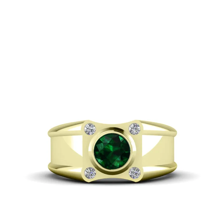 Emerald Engagement Men's Ring Solid 10K Gold with 0.12ct Real Diamonds Taurus Male Gift