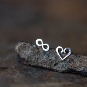 Endless Love - Mismatched Stud Earrings, heart and infinity symbol