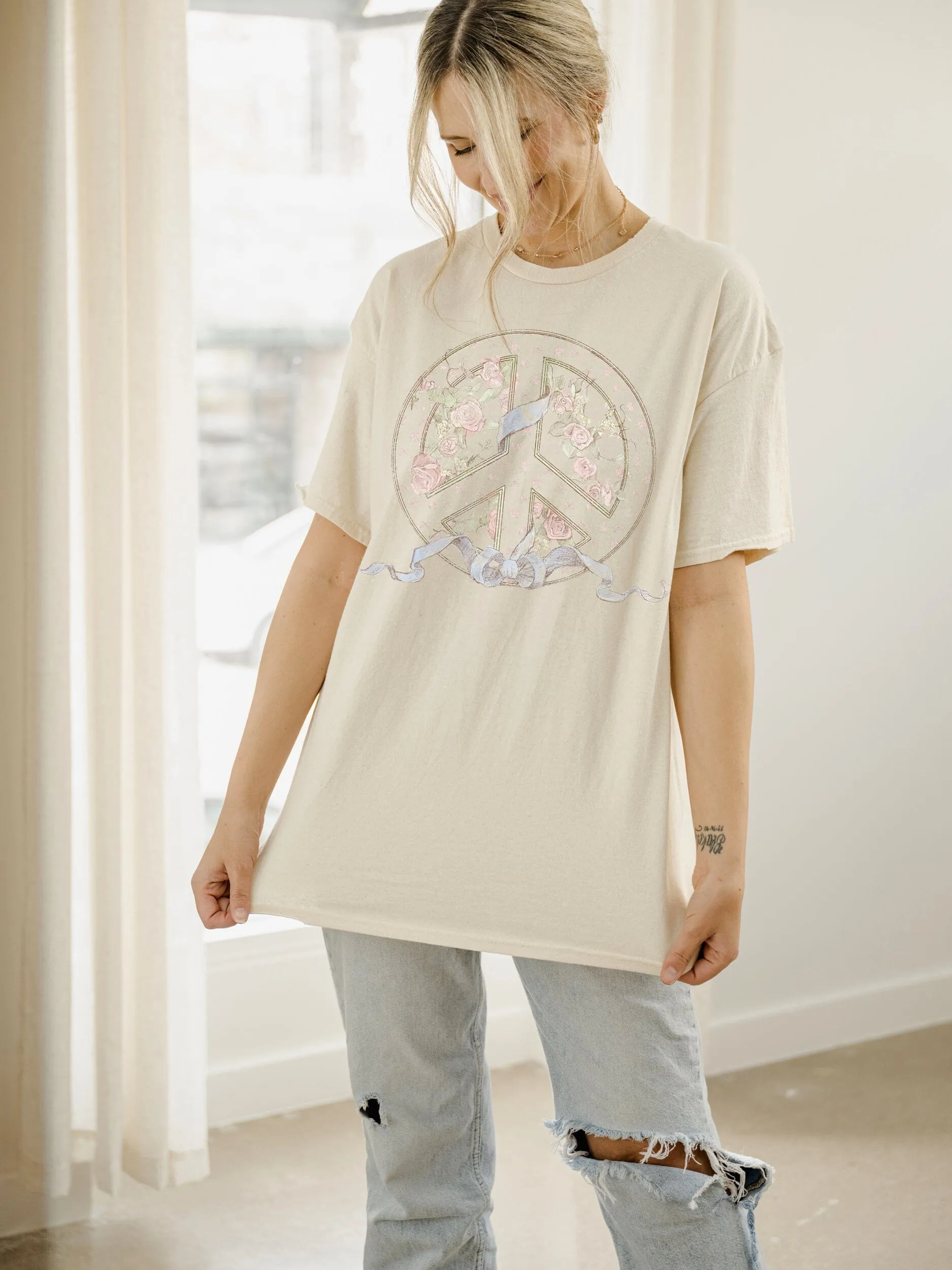 Floral Peace Sign Off White Thrifted Tee