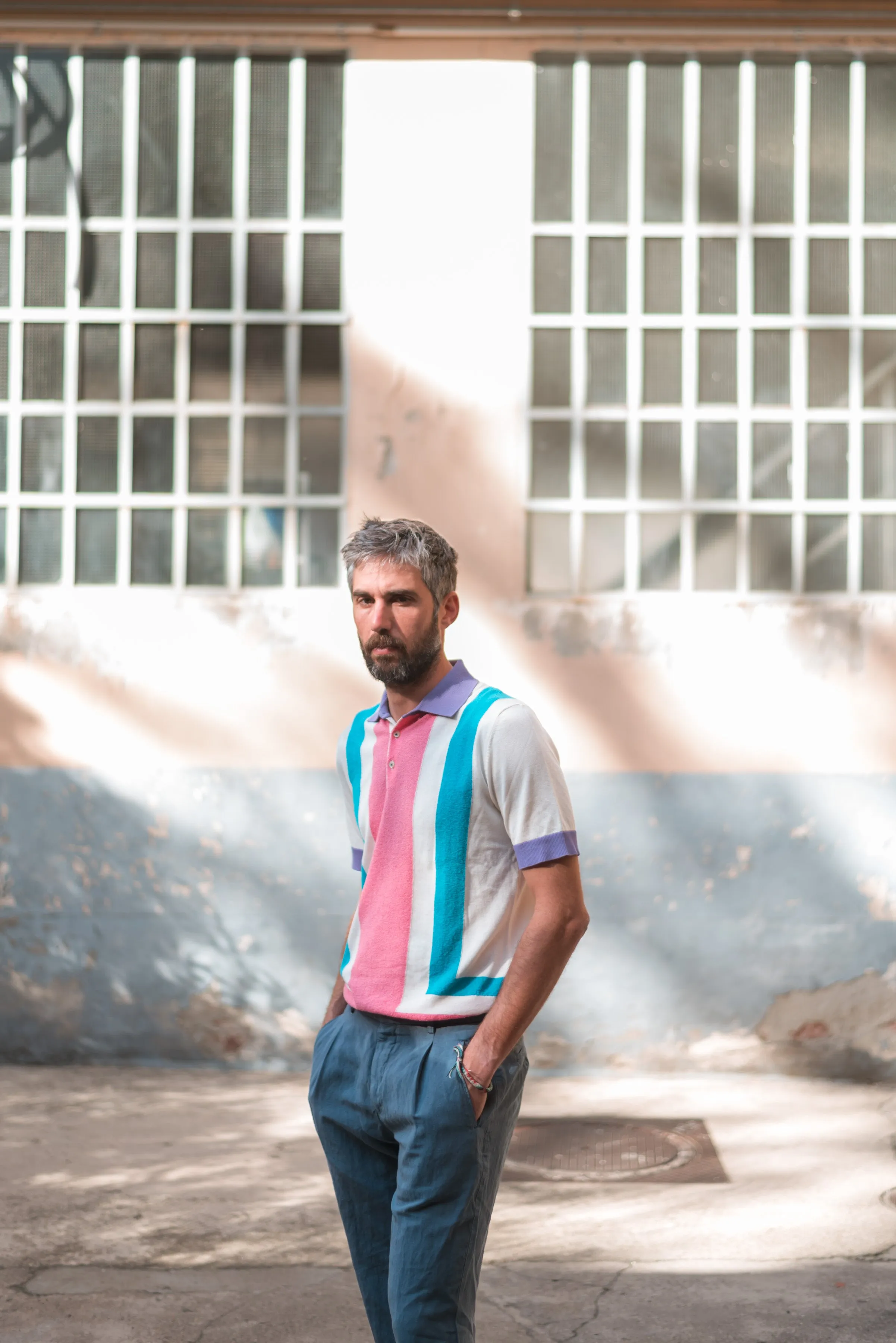 FRESH Fripp Extra Fine Crepe Cotton Knitted Polo in Blue And Pink