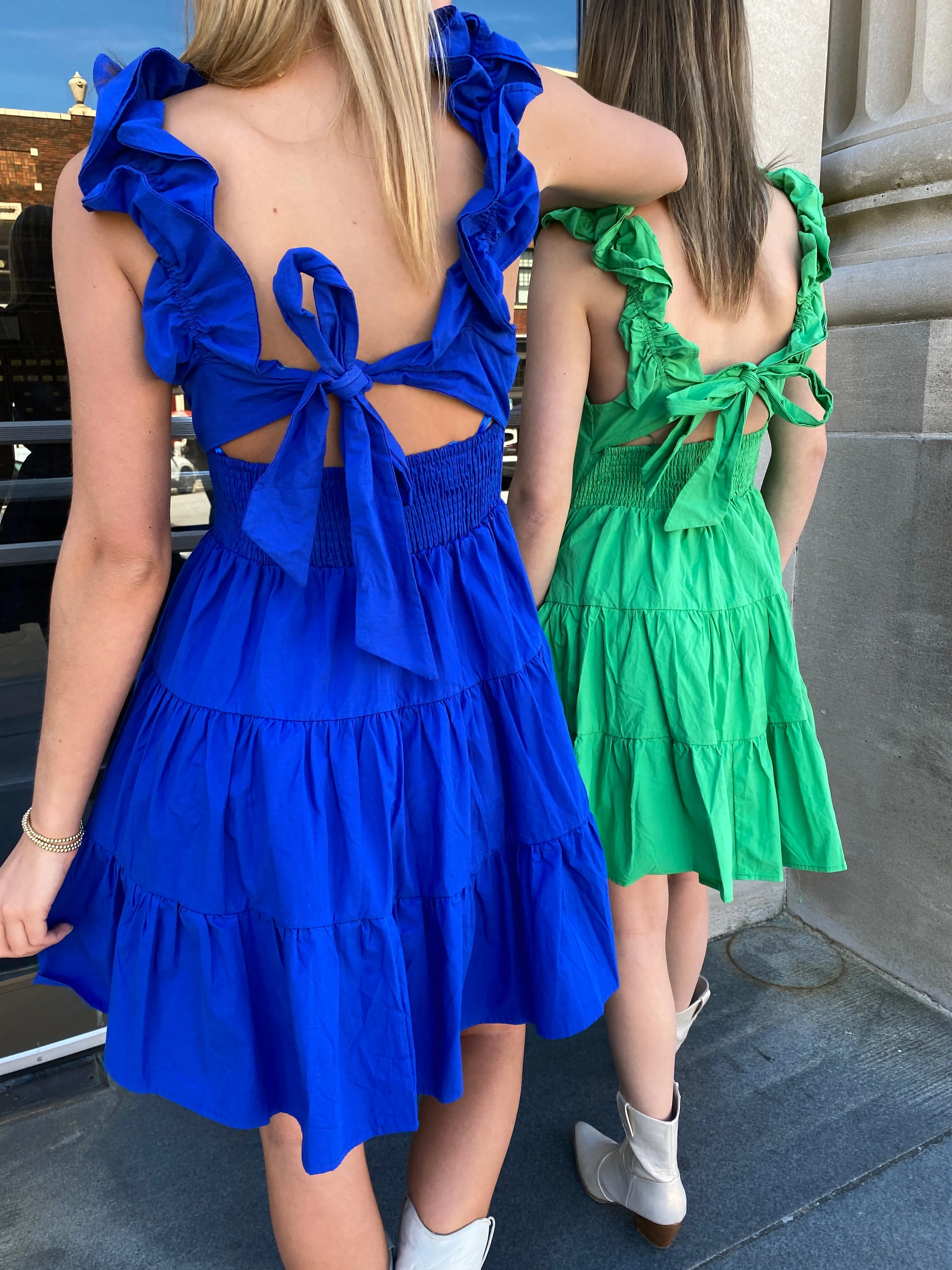 GREEN SOLID POPLIN RUFFLE TIERED MINI DRESS