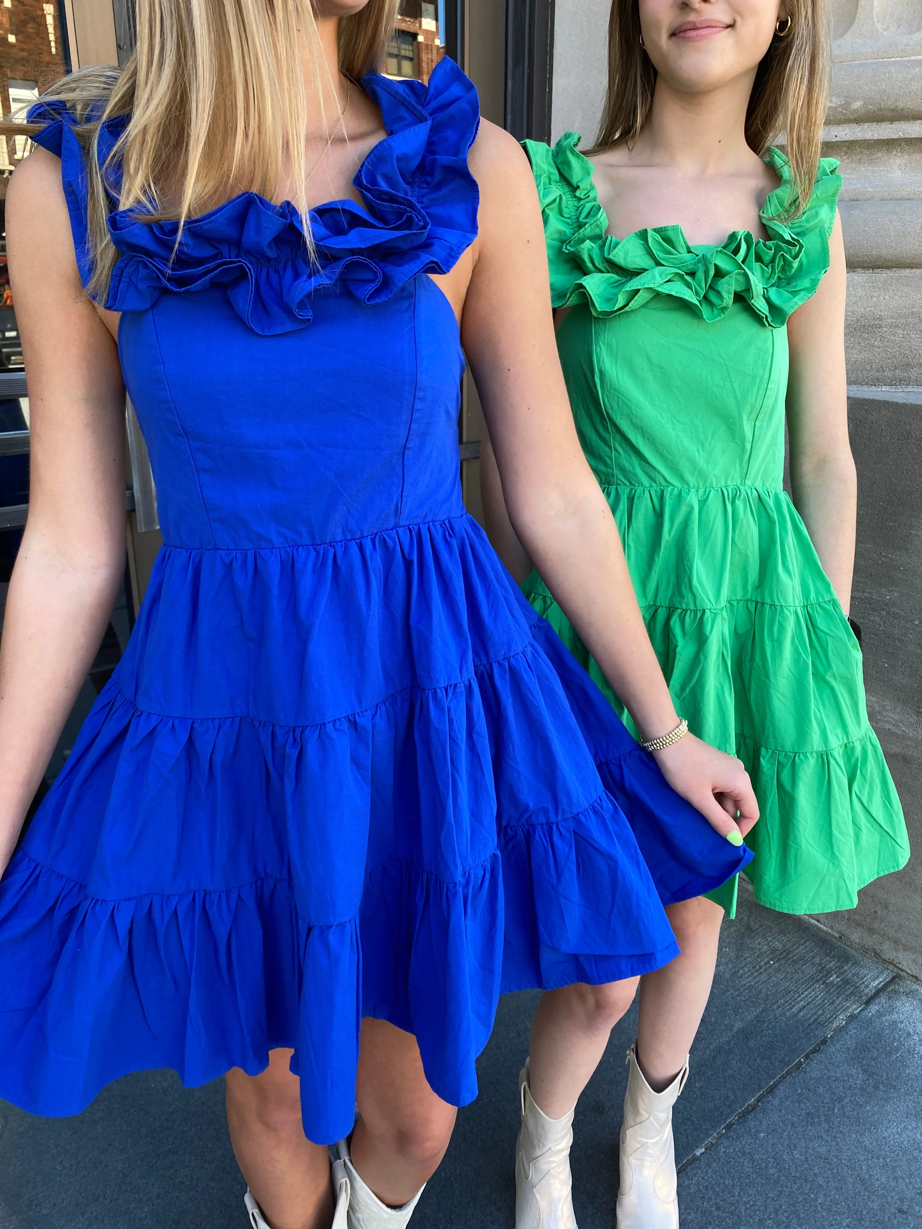 GREEN SOLID POPLIN RUFFLE TIERED MINI DRESS