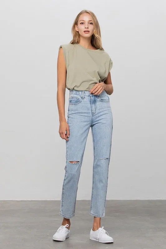 High Waist Ripped Tapered Jeans