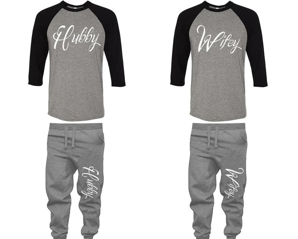 Hubby Wifey Couple Matching Baseball Shirts and Jogger Pants Top & Bottom Sets