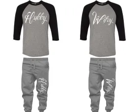 Hubby Wifey Couple Matching Baseball Shirts and Jogger Pants Top & Bottom Sets