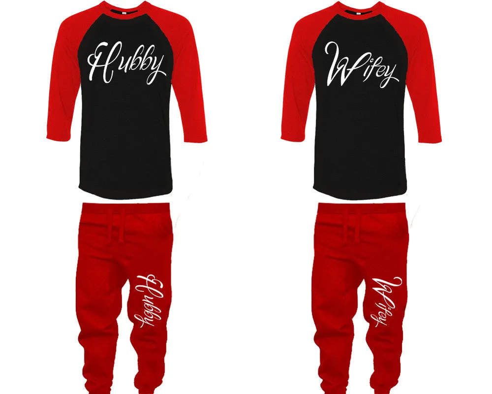 Hubby Wifey Couple Matching Baseball Shirts and Jogger Pants Top & Bottom Sets