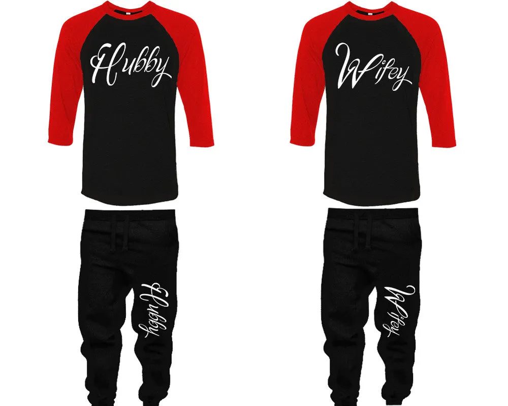 Hubby Wifey Couple Matching Baseball Shirts and Jogger Pants Top & Bottom Sets