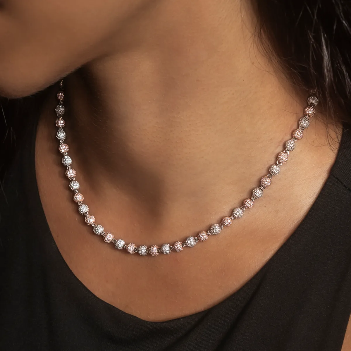 Iced Ball Necklace in Rose/White Gold- 4mm