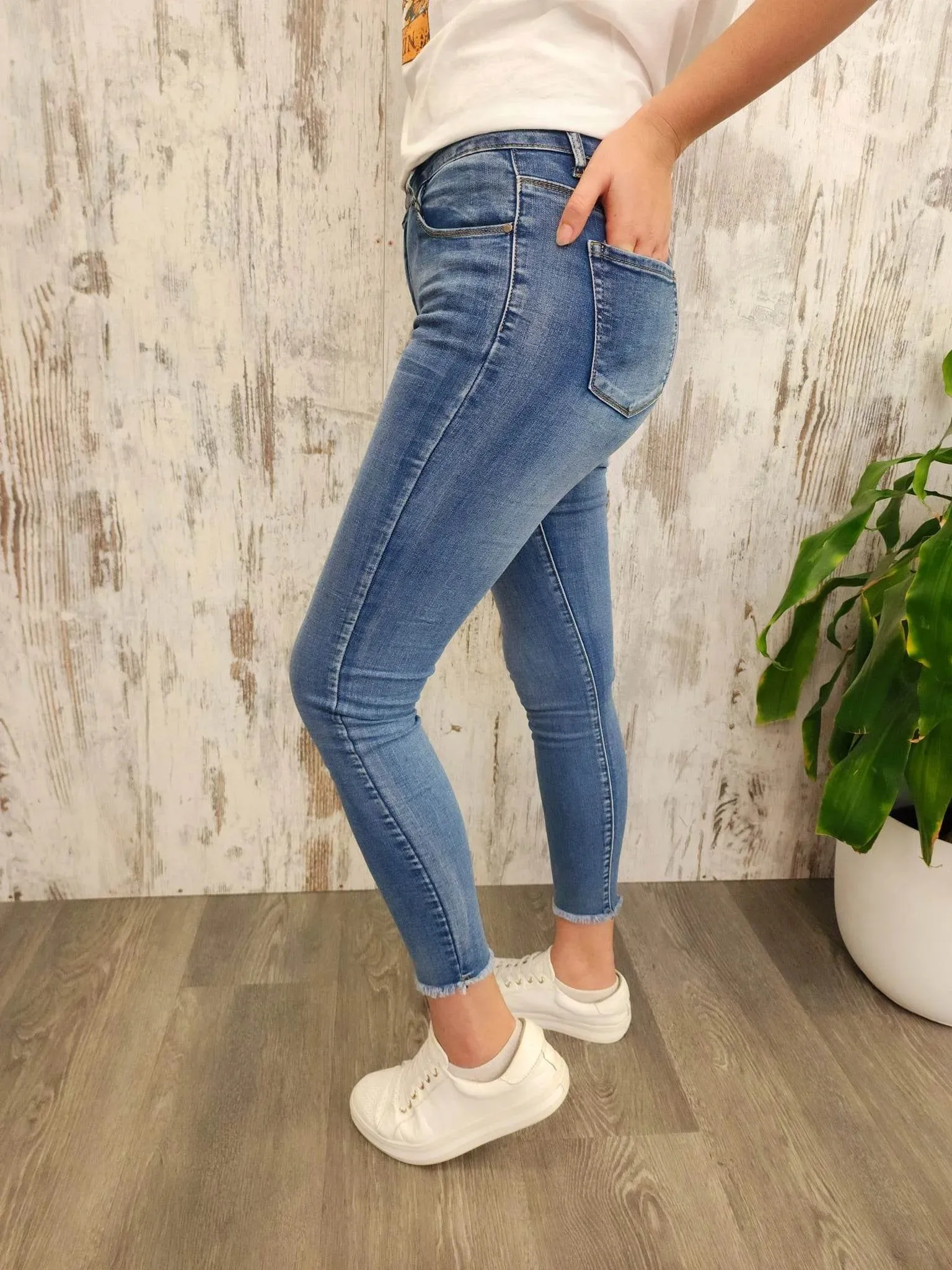 Jazz Country Denim Stretch Skinny Denim Raw Hem Jeans - Mid Blue