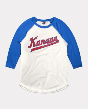 Kansas Baseball Script White & Royal Raglan