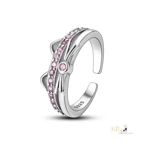 Kitty Face Ring with Pink Cubic Zirconia in Solid 925 Sterling Silver - Adjustable Size