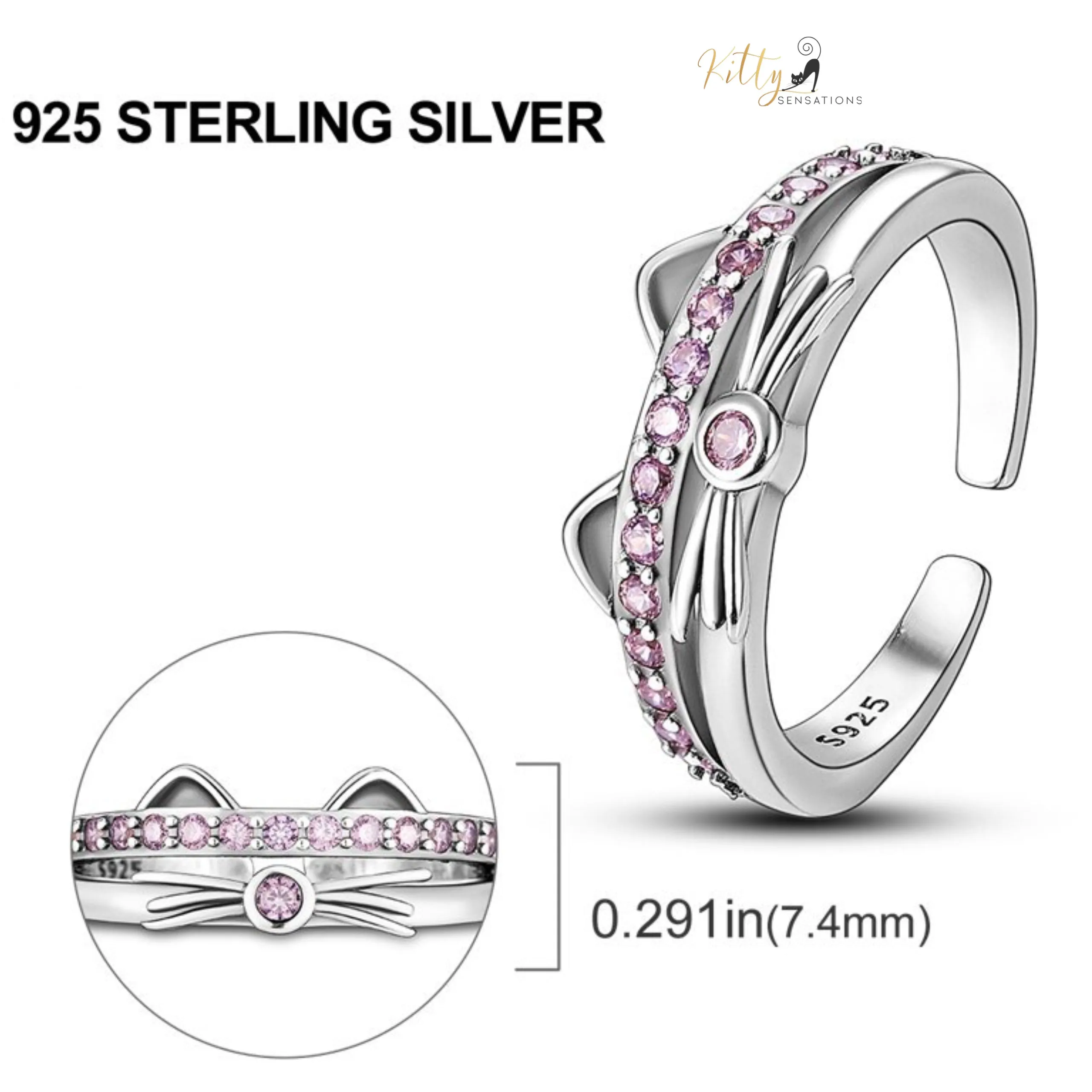 Kitty Face Ring with Pink Cubic Zirconia in Solid 925 Sterling Silver - Adjustable Size