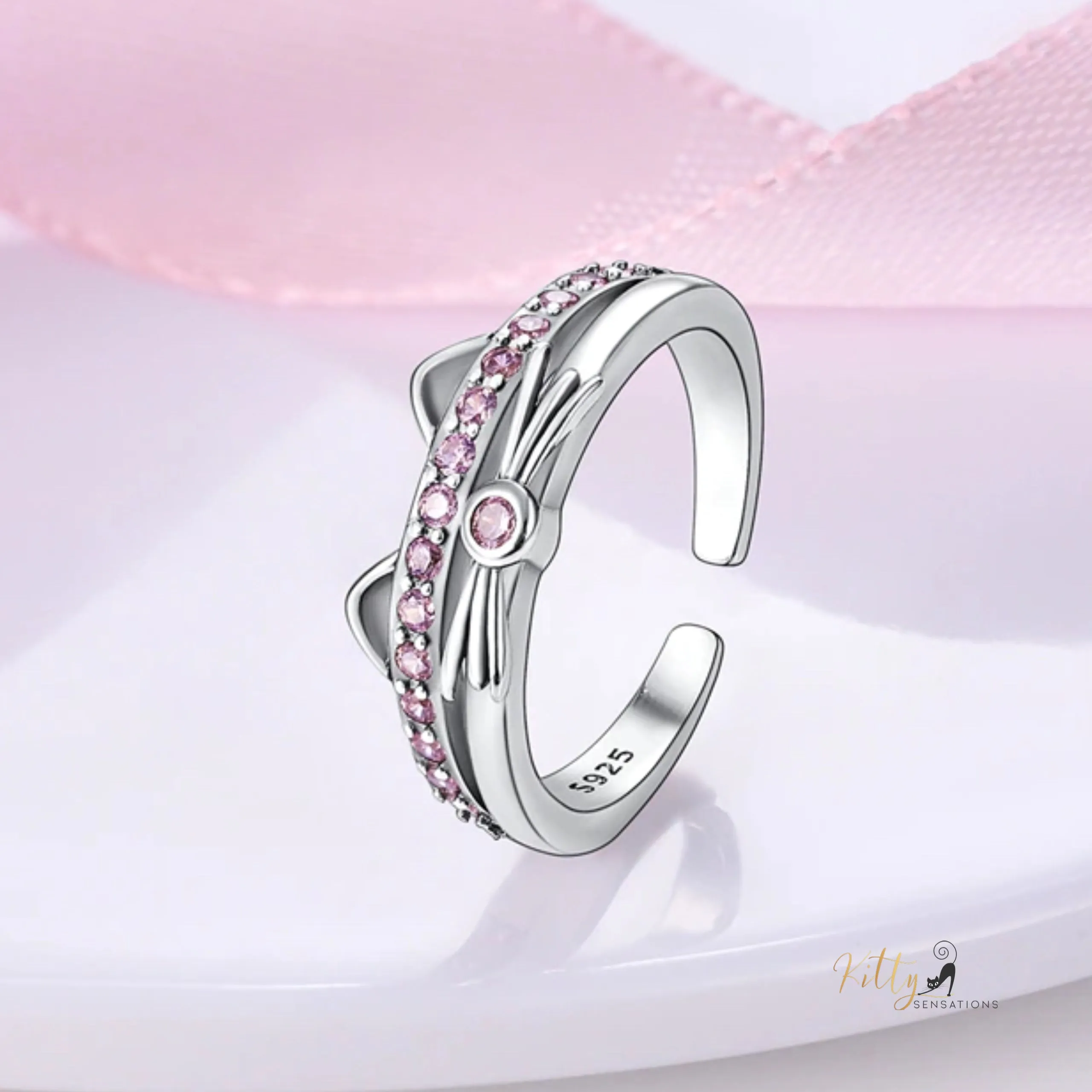 Kitty Face Ring with Pink Cubic Zirconia in Solid 925 Sterling Silver - Adjustable Size