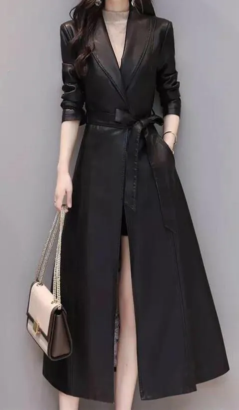 KYLIE BLACK LEATHER LOOK LONG COAT