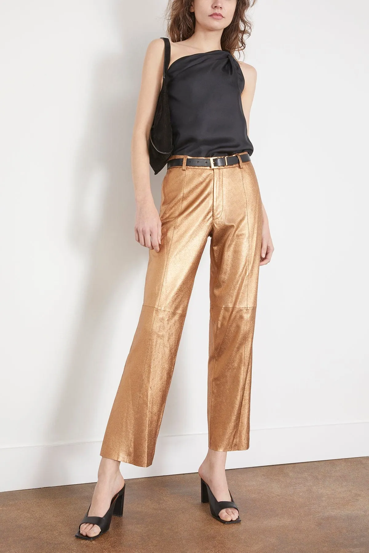 Laminated Nappa Leather Straight Leg Pants in Bronze