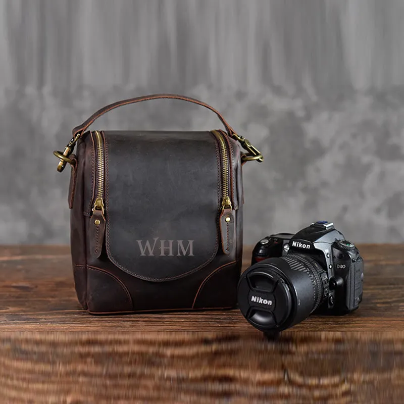 Leather Personalised DSLR Camera Bag, Camera Satchel Bag, Vintage Shoulder Bag For Nikon, Canon, Sony