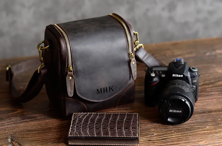 Leather Personalised DSLR Camera Bag, Camera Satchel Bag, Vintage Shoulder Bag For Nikon, Canon, Sony