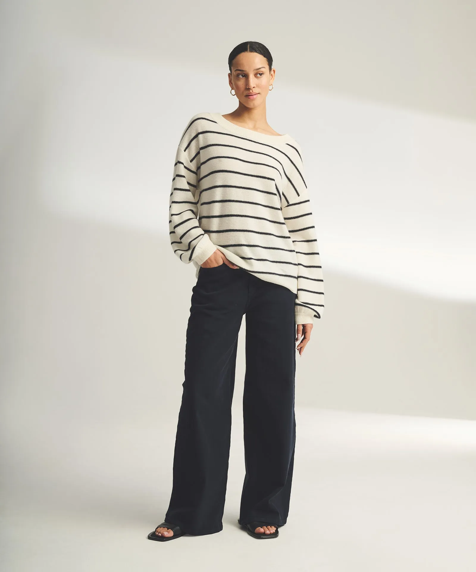 Lightweight Reversible Cashmere Striped Wide Neck Sweater