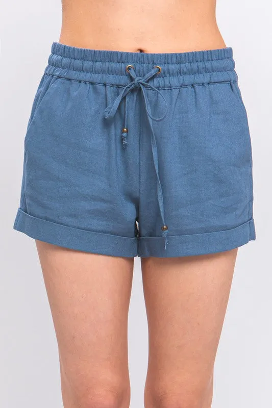 Linen Mid Rise Smocked Drawstring Shorts