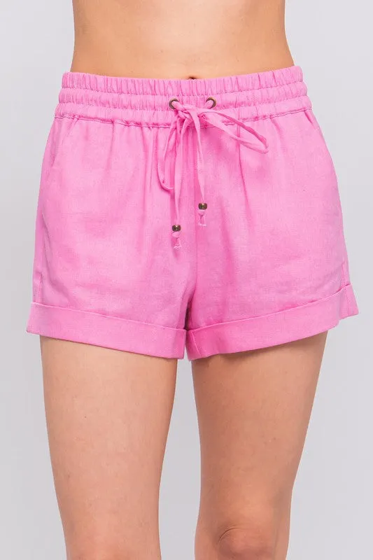 Linen Mid Rise Smocked Drawstring Shorts