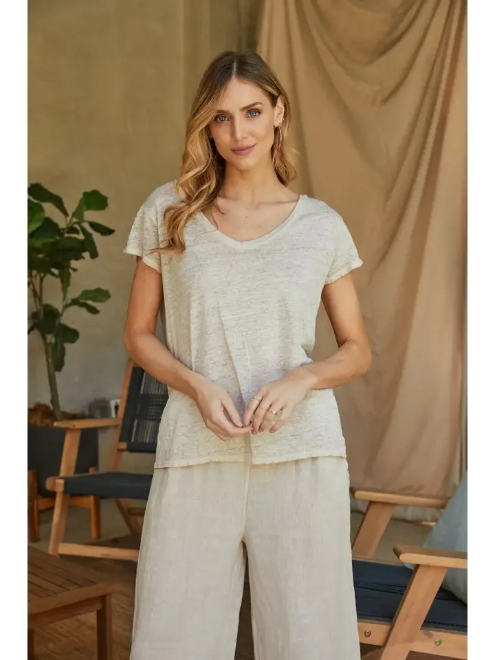 Linen Slub V-Neck Short Sleeve T-Shirt