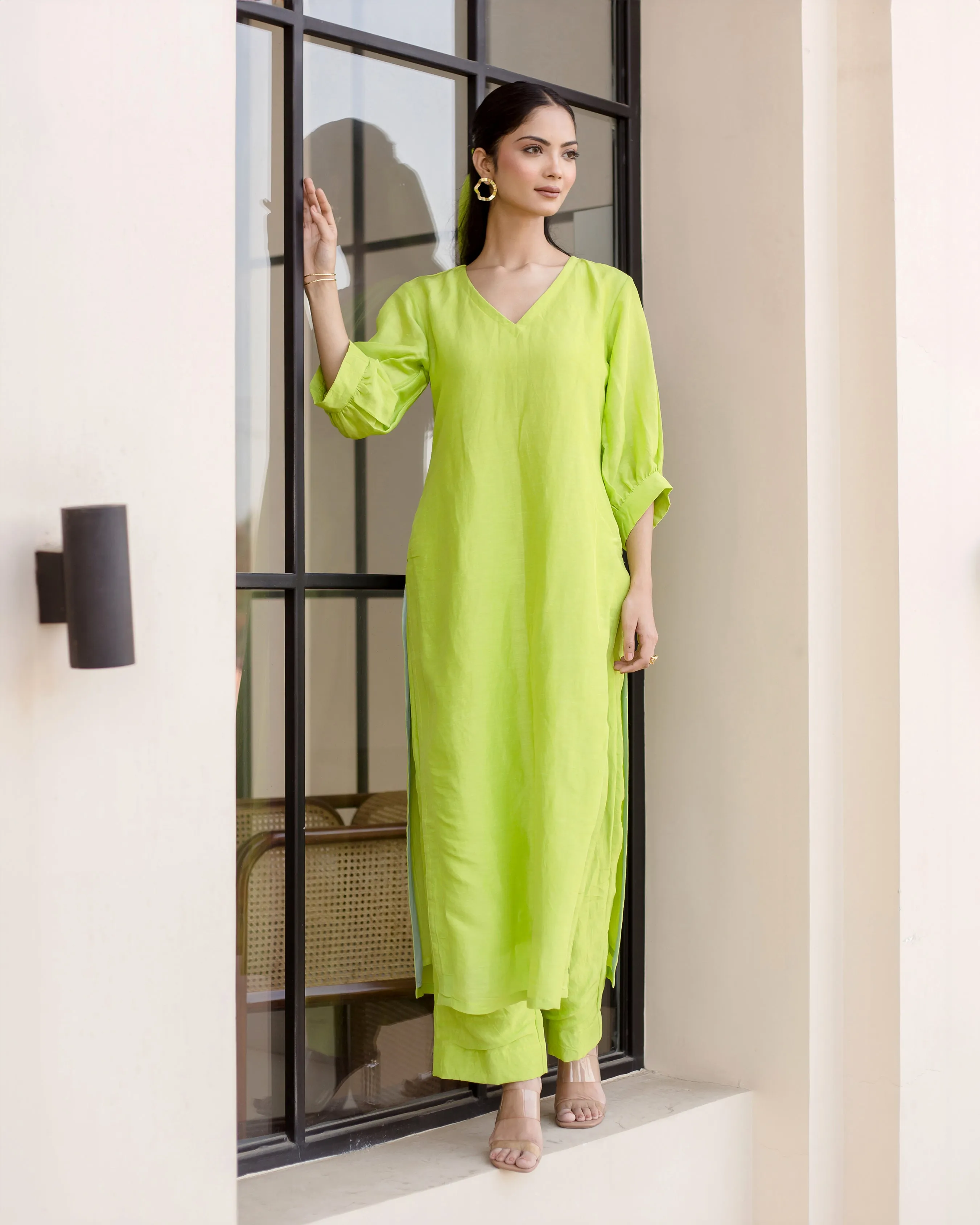 Lush Green Solid Linen Georgette Coord Set