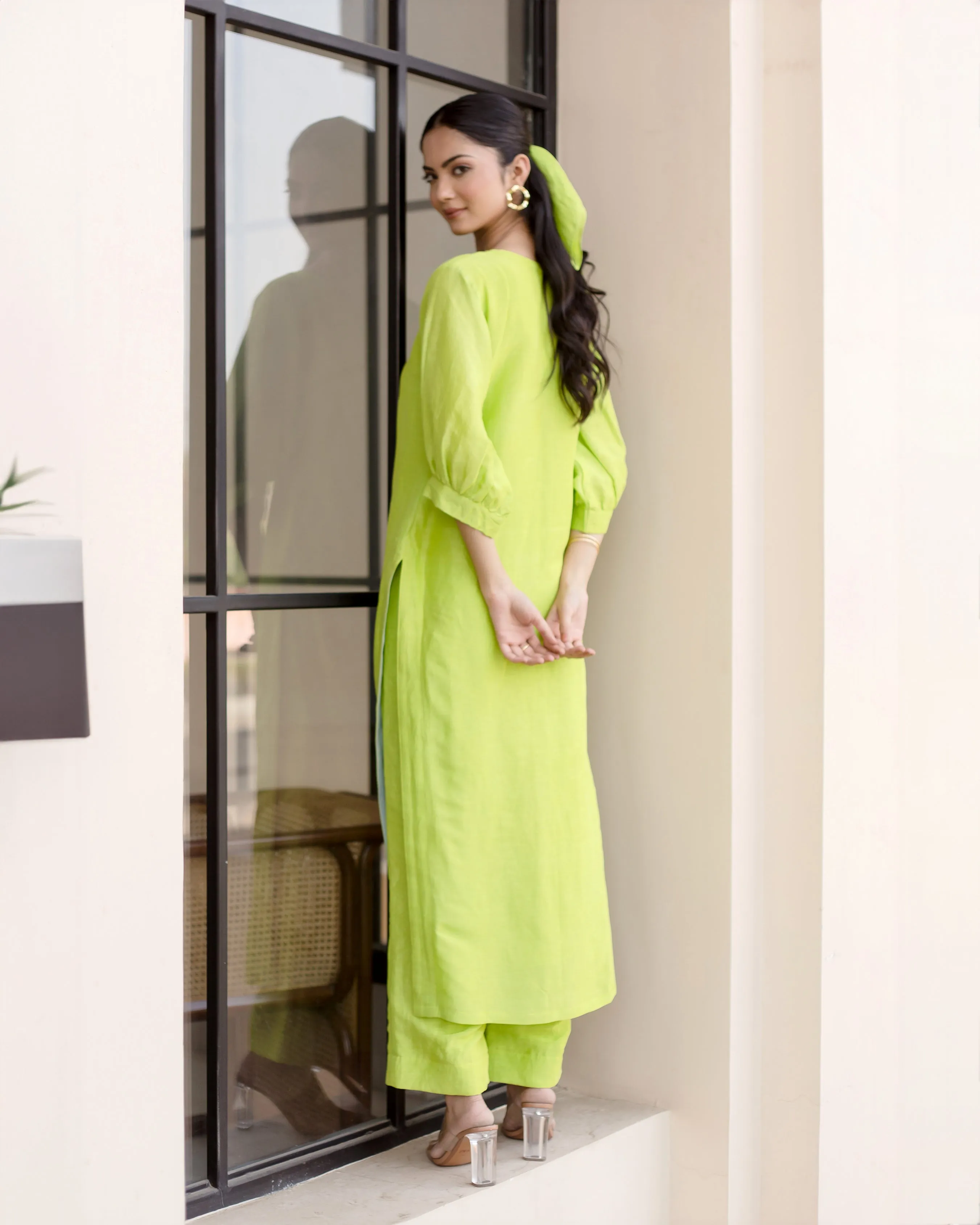 Lush Green Solid Linen Georgette Coord Set