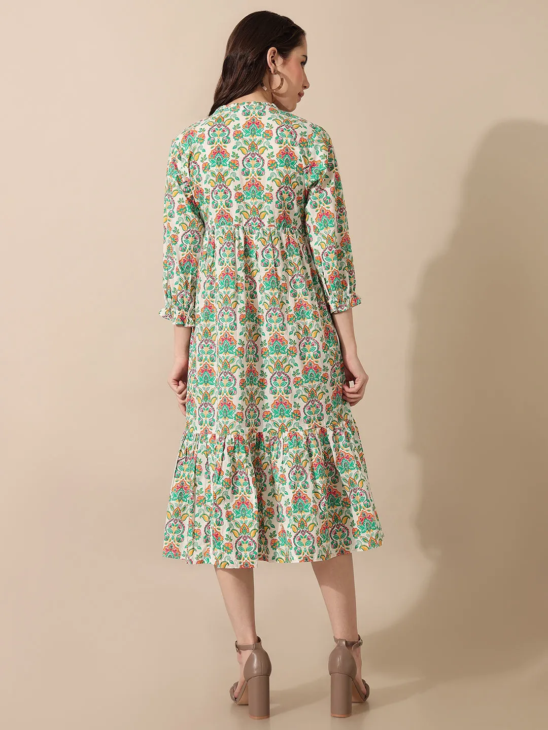 Mahiri Off-White Printed Yoke Dress