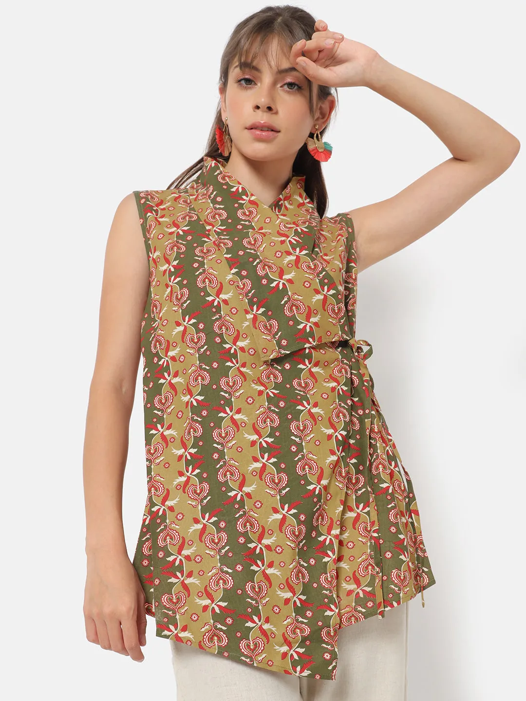 Masakali Olive Floral Printed Front Overlap Tunic