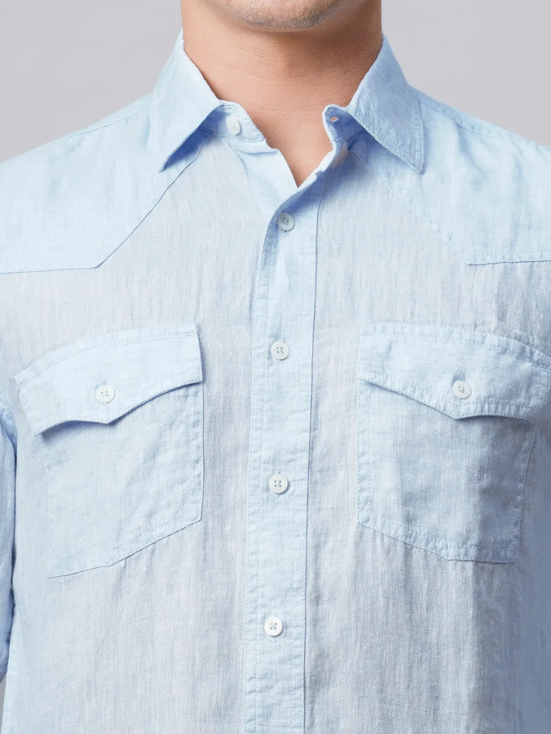 Men's 100% Linen Sky Blue Regular Fit Long Sleeved Shirt