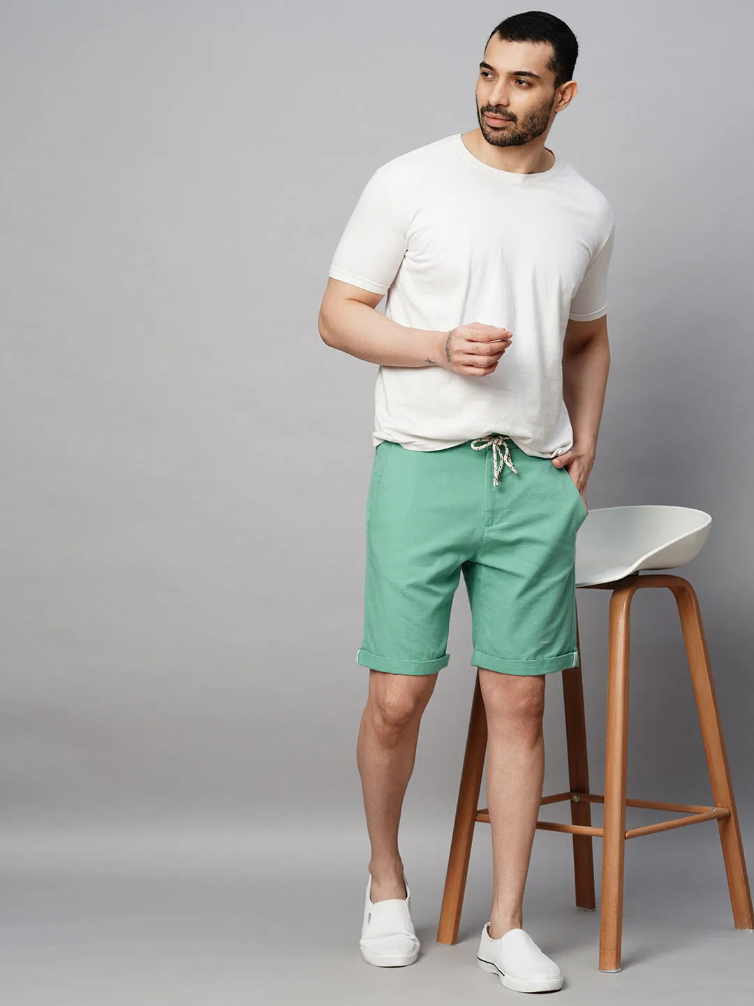 Men's Green Cotton Linen Regular Fit Shorts